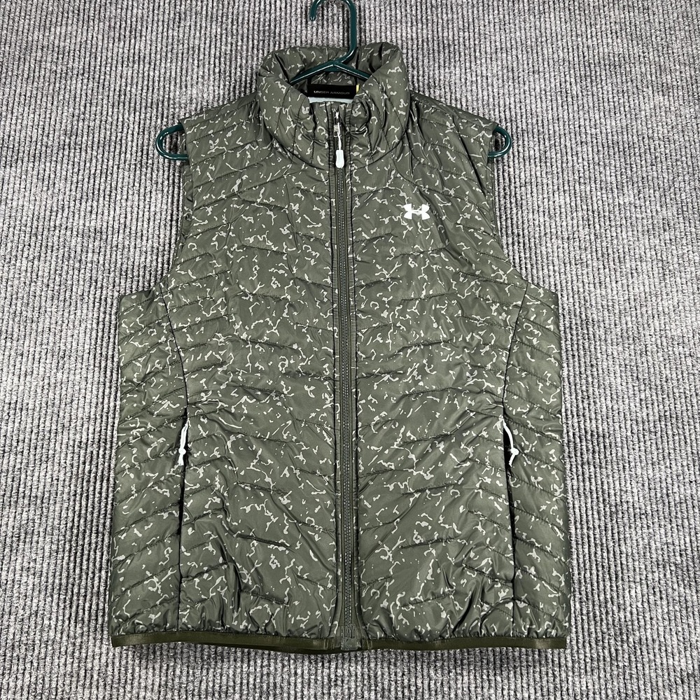 Under Armour Vest Womens Medium Green Camo ColdGear Quilted Puffer Insulated Zip